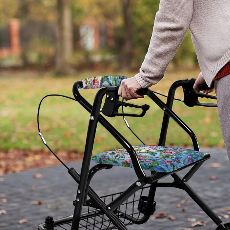 Vanideaoty Hummingbird Floral Rollator Seat Cushion Back Bar Cover Set Rollator Walker Seat Back Covers Stretchable Material Protection Decor Suitable for Parks - Image 4